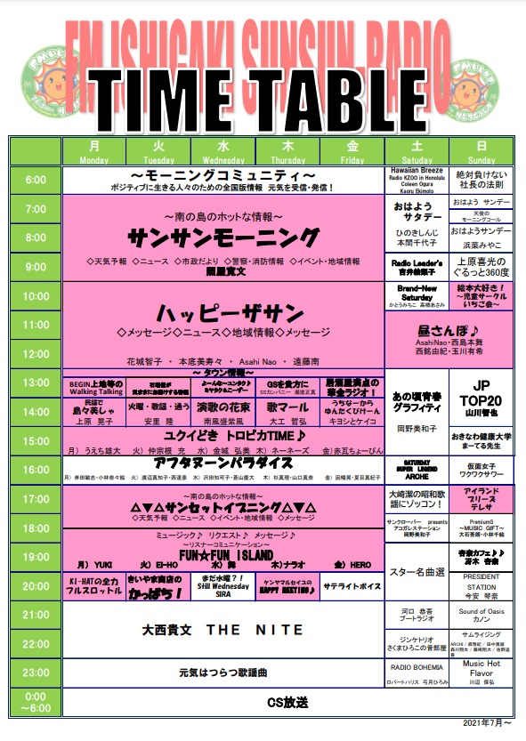 番組表 タイムテーブル Fmいしがきサンサンラジオ 沖縄県 石垣島のラジオ局 番組表 タイムテーブル Fmいしがきサンサンラジオ 沖縄県 石垣島のラジオ局